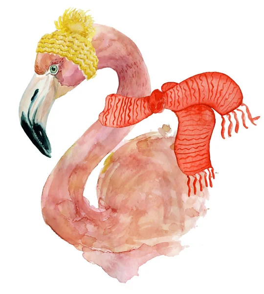 Karácsonyi rózsaszín flamingó téli dekorációk sárga kalapját, és a vörös sál — Stock Fotó
