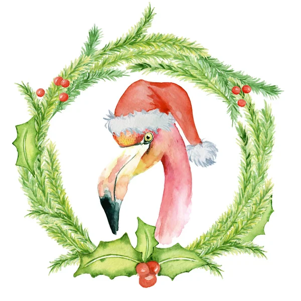 Flamant rose de Noël en chapeau de Père Noël aquarelle illustration — Photo