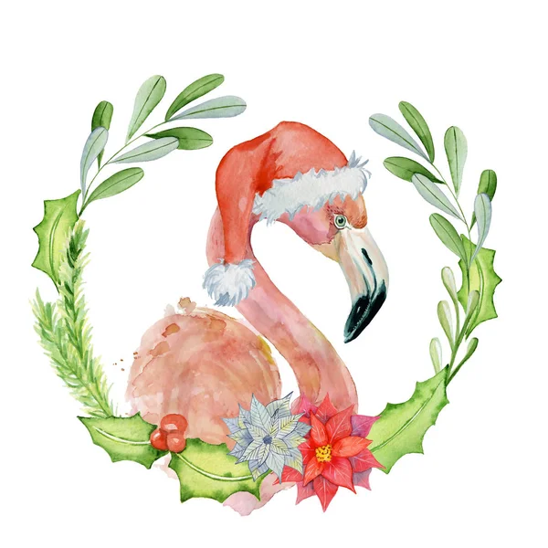 Flamingo rosa de Natal em santa chapéu aquarela ilustração — Fotografia de Stock
