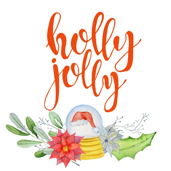 Vrolijk aquarel Kerstkaart met florale winter elementen. Gelukkig Nieuwjaar belettering offerte Holly jolly — Stockfoto