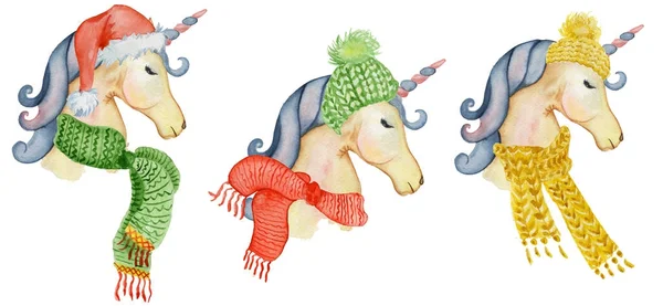 Lindo unicornios de Navidad acuarela conjunto ilustración de invierno — Foto de Stock