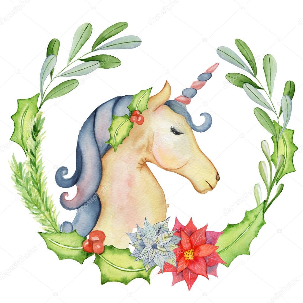 Christmas watercolor unicorn with floral wreaths 