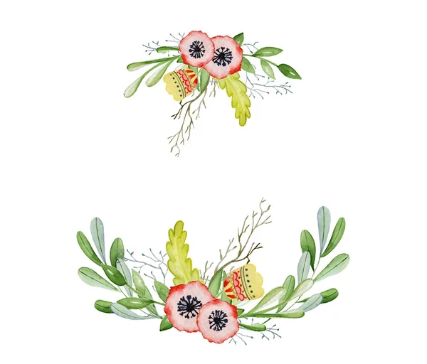 Coroas florais aquarela ilustração desenhada à mão. Flores tribais, folhas e ramos — Fotografia de Stock