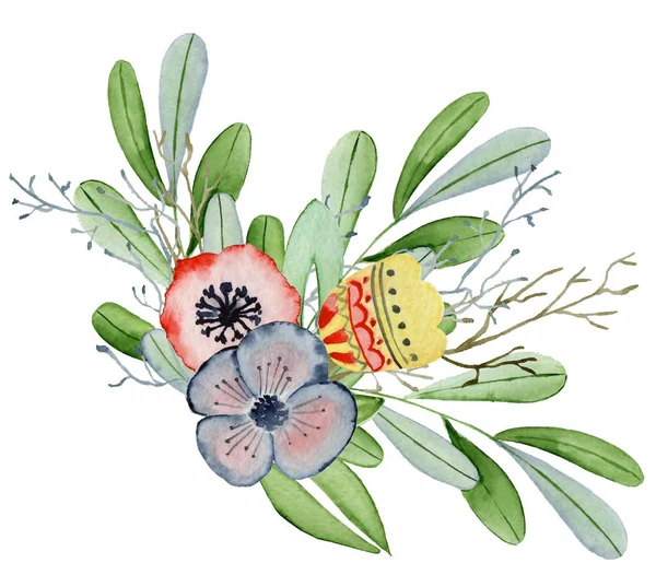 Aquarela buquê floral desenhado à mão ilustração. Flores tribais, folhas e ramos — Fotografia de Stock
