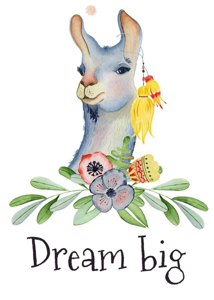 Cute Llama cartoon character watercolor illustration, Alpaca animal, hand drawn style. Dream big — Stock Photo, Image