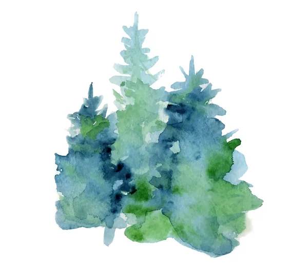 Aquarel abstracte woddland, spar bomen silhouet met as en waterspatten, winter achtergrond — Stockvector