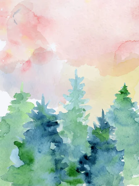 Aquarell abstrakte Wodland, Tannensilhouette mit Asche und Spritzern, Winterhintergrund — Stockvektor