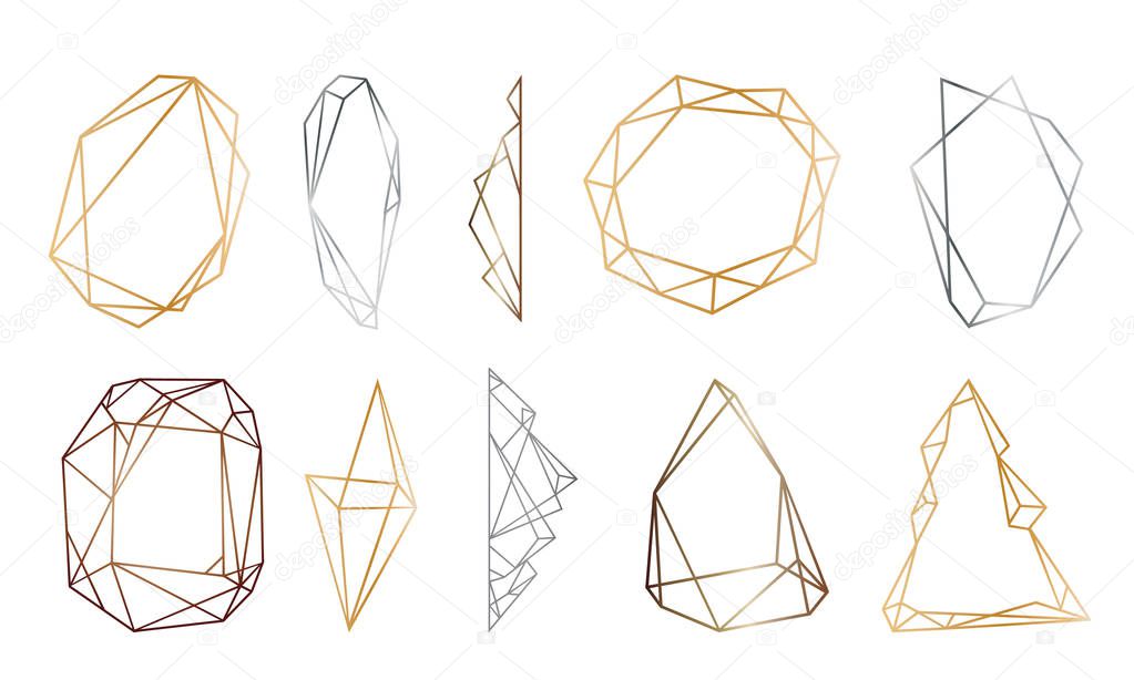 polygonal frames set. Gold, silver, black glitter triangles, geometric shapes. Diamond shape. 