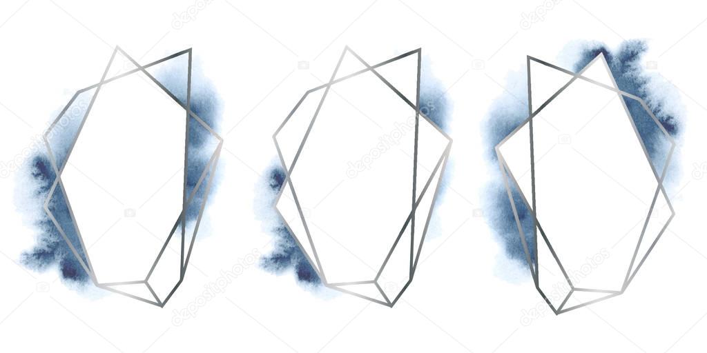 polygonal frames set. Silver glitter triangles, geometric shapes. Diamond shape. 