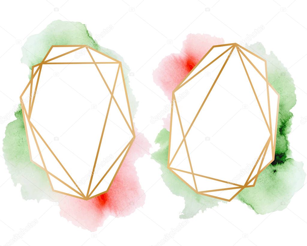 polygonal frames set. Gold glitter triangles, geometric shapes. Diamond shape. 