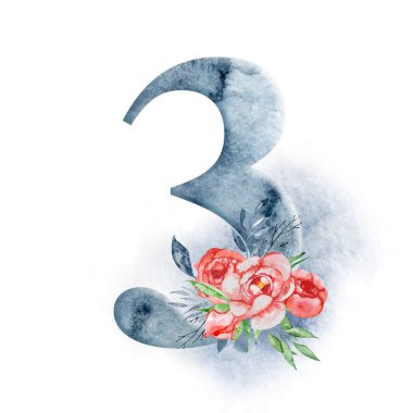 Çiçek suluboya alfabe. Suluboya sayı 3 ile peonies çiçekler ve leves. Romantik monogram
