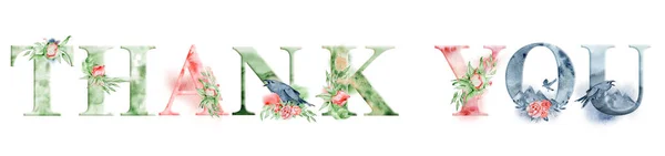 Tack akvarell ord design med blommor buketter och krona. Handen ritade bokstäver, typografi inskription. Inspirerande etikett, gratulationskort, Mall, affisch — Stockfoto