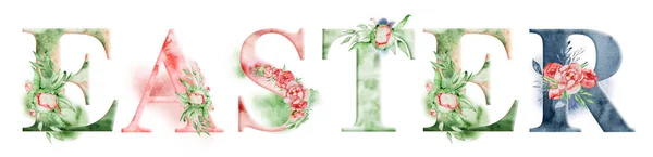 Diseño de palabras acuarela de Pascua con ramos florales y corona. Letras dibujadas a mano, inscripción tipográfica. Etiqueta inspiradora, tarjeta de felicitación, plantilla, póster — Foto de Stock