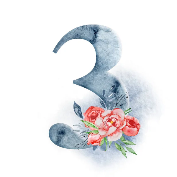 Floral ακουαρέλα αλφάβητο. Ακουαρέλα αριθμός 3 με παιώνιες λουλούδια και leves. Ρομαντικό μονόγραμμα — Φωτογραφία Αρχείου