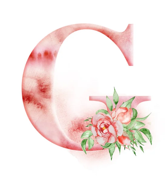 Floral watercolor alphabet. Monogram initial letter G design with hand drawn peony flower — Stock Photo, Image