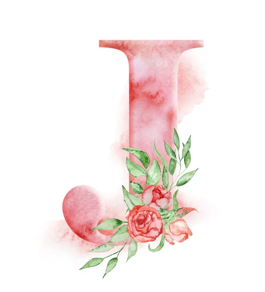 꽃 수채화 알파벳입니다. 모노 그램 초기 편지 J 디자인 손으로 그린 모란 꽃 — 스톡 사진