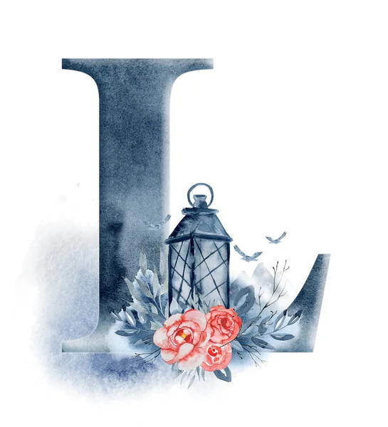 Alfabet floral de acuarelă. Monogramă literă inițială L design cu floare de bujor trasă manual — Fotografie, imagine de stoc