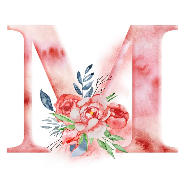 Floral watercolor alphabet. Monogram initial letter M design with hand drawn peony flower — Stock Photo, Image