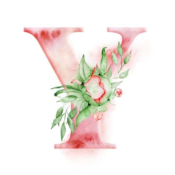 Alphabet aquarelle florale. Monogramme lettre initiale Z design avec fleur pivoine dessinée à la main — Photo