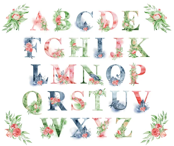 Aquarel alfabet met pioenrozen bloemen en leves. Romantische bloemen lettertype. Monogram ontwerp — Stockfoto