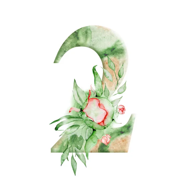 Kwiatowy akwarela alfabet. Akwarela numer 3 z kwiatów piwonie i leves. Romantyczny monogram — Zdjęcie stockowe