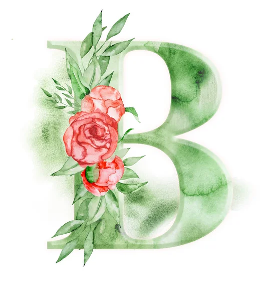Floral ακουαρέλα αλφάβητο. Μονόγραμμα αρχικό γράμμα B σχεδιασμός με το χέρι που παιωνία λουλούδι — Φωτογραφία Αρχείου