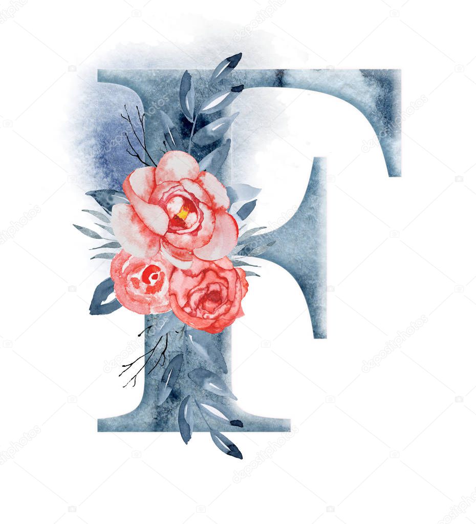 Floral watercolor alphabet. Monogram initial letter F design with hand drawn peony flower