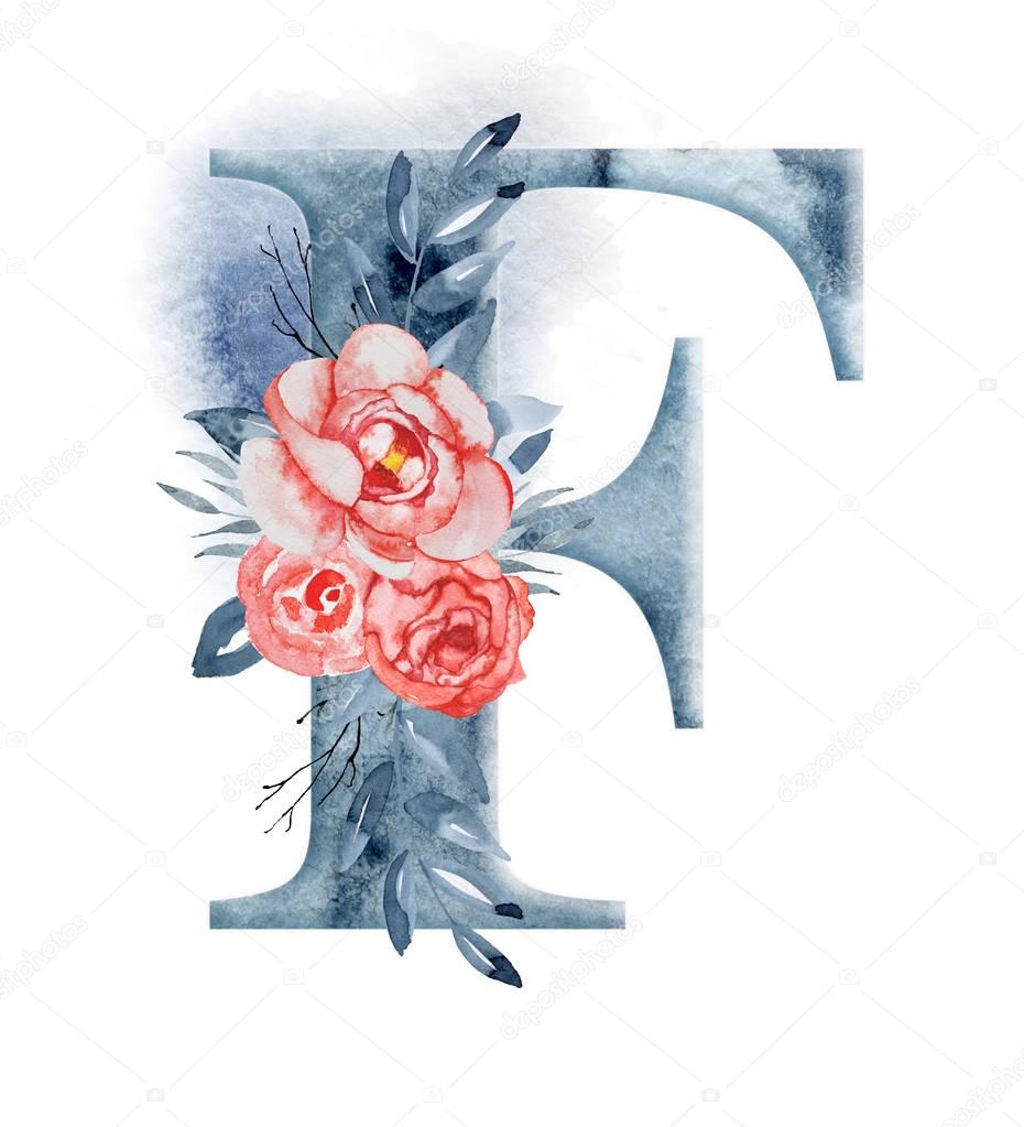 Floral watercolor alphabet. Monogram initial letter F design with hand drawn peony flower for wedding invitation, cards, logos