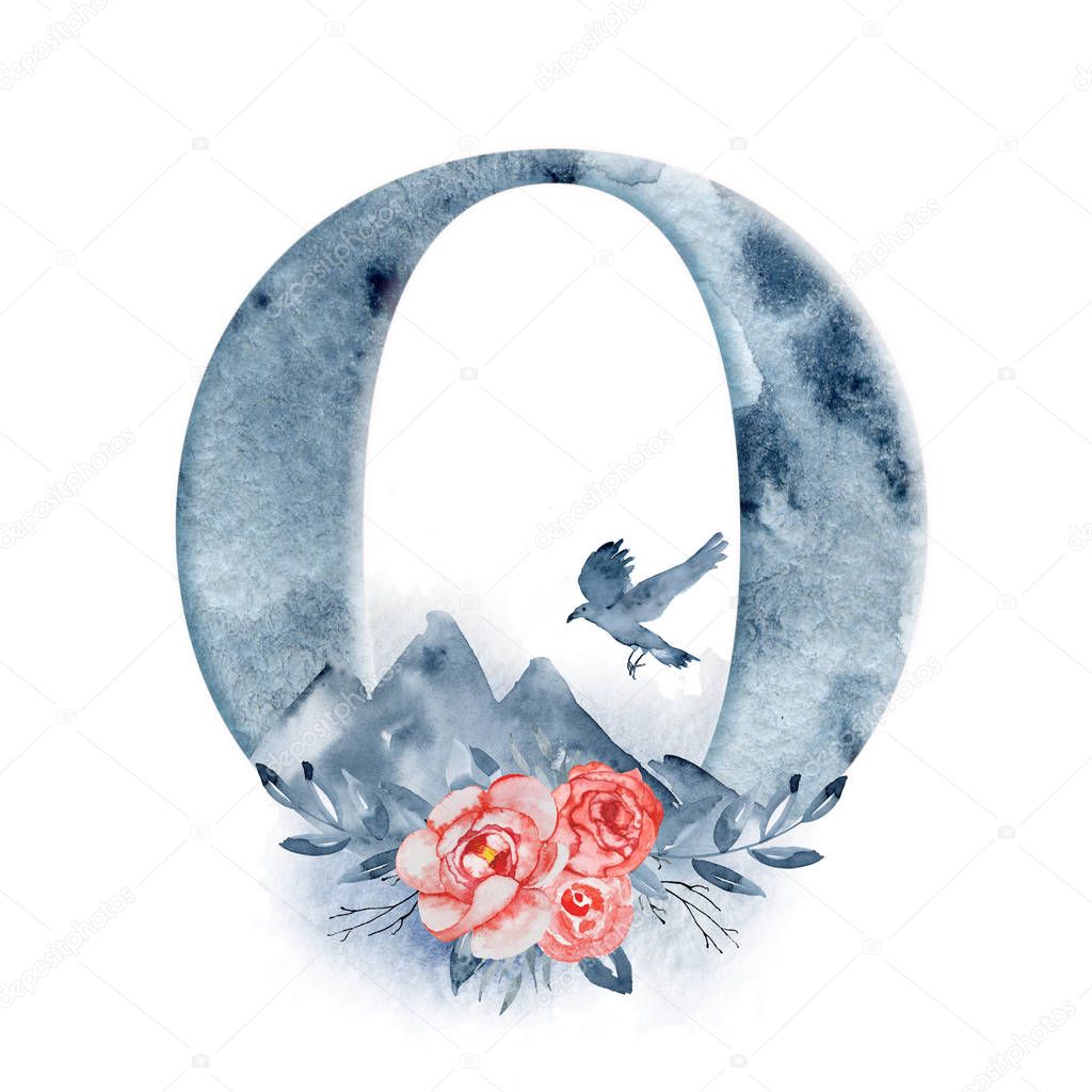 Floral watercolor alphabet. Monogram initial letter O design with hand drawn Raven, crow and mountain for wedding invitation, cards, logos