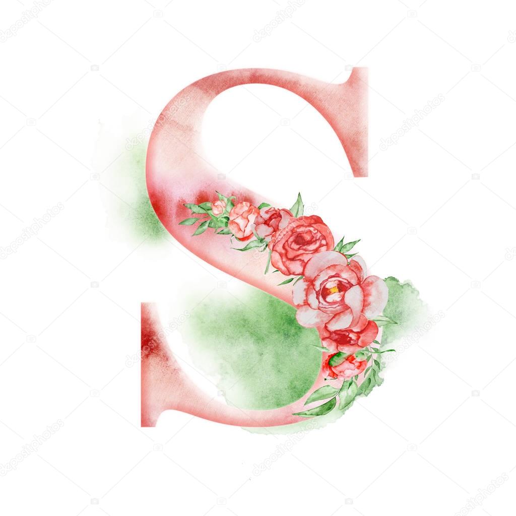 Floral watercolor alphabet. Monogram initial letter S design with hand drawn peony flower for wedding invitation, cards, logos
