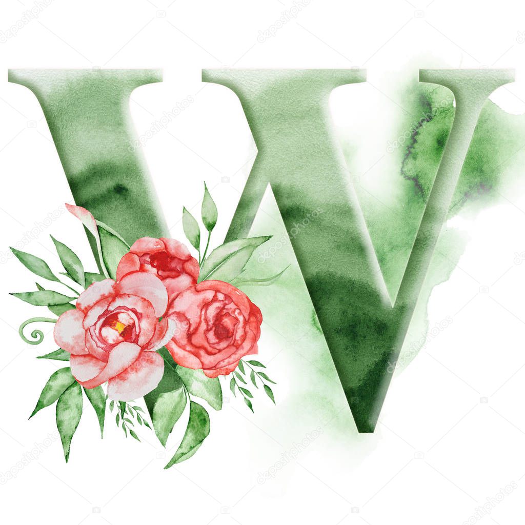 Floral watercolor alphabet. Monogram initial letter W design with hand drawn peony flower