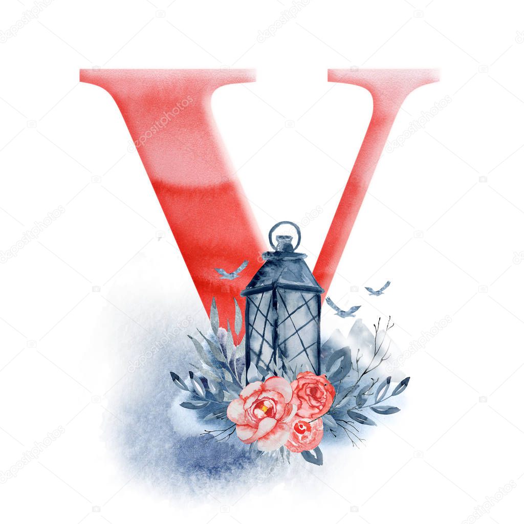 Floral watercolor alphabet. Monogram initial letter V design with hand ...