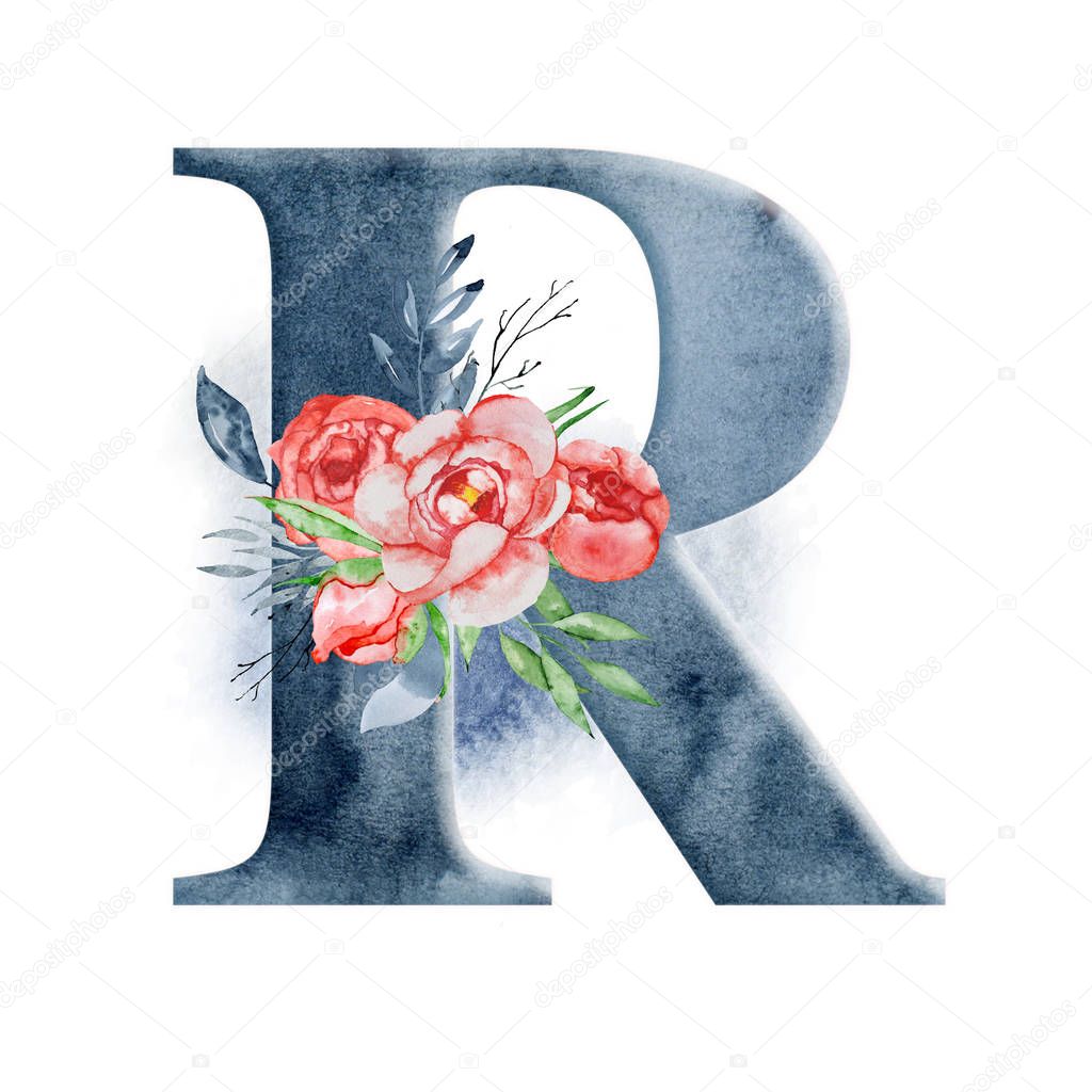 Floral watercolor alphabet. Monogram initial letter R design with hand drawn peony flower for wedding invitation, cards, logos