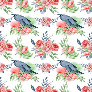 Indigo suluboya çiçek ve kron ile Seamless modeli. Peonies çiçeği.