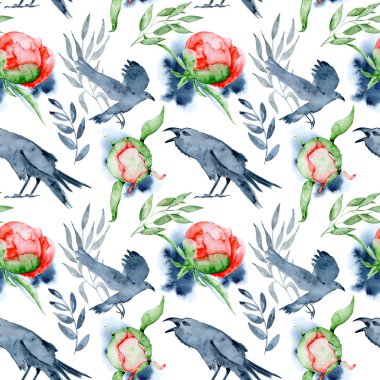 Indigo suluboya çiçek ve kron ile Seamless modeli. Peonies çiçeği.