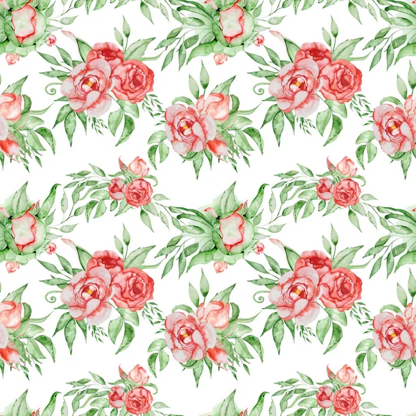 Kırmızı sulu boya çiçek ve yaprakları ile Seamless modeli. Peonies çiçeği