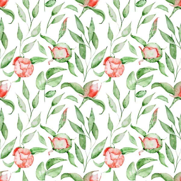Naadloze patroon met rode aquarel bloemen en bladeren. Pioenrozen bloesem — Stockfoto