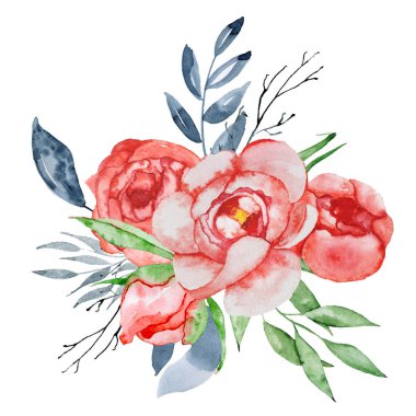 Çiçek ve yaprak suluboya kombinasyonu Peonies buket el boyalı