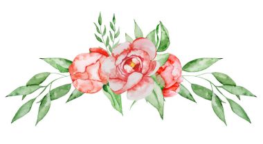 Çiçek ve yaprak suluboya kombinasyonu Peonies buket el boyalı