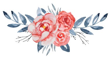Çiçek ve yaprak suluboya kombinasyonu Peonies buket el boyalı