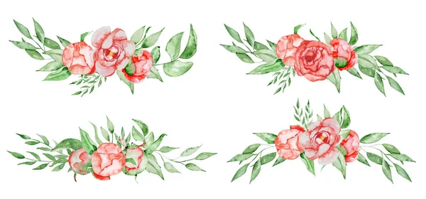 Pioenrozen boeketten instellen handgeschilderde aquarel combinatie van bloemen en bladeren — Stockfoto
