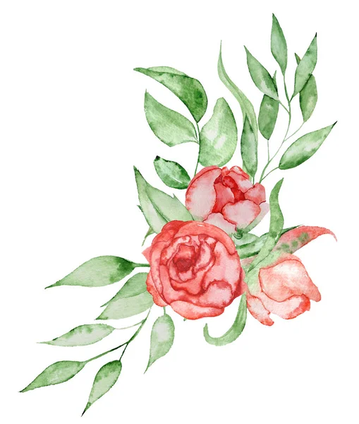 Boeket van pioenrozen Hand geschilderd aquarel combinatie van bloemen en bladeren — Stockfoto