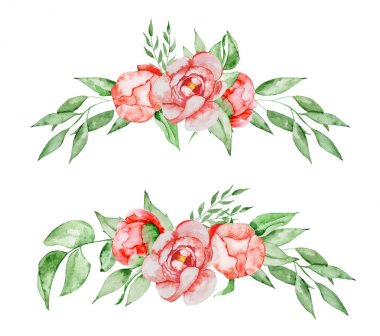 Peonies buketler çiçek ve yaprak suluboya kombinasyonu boyalı el ayarla