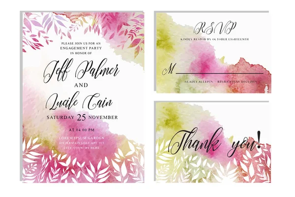Conjunto de casamento rosa com mão desenhada fundo aquarela floral. Inclui Invintation, rsvp e obrigado cartões modelos . — Vetor de Stock