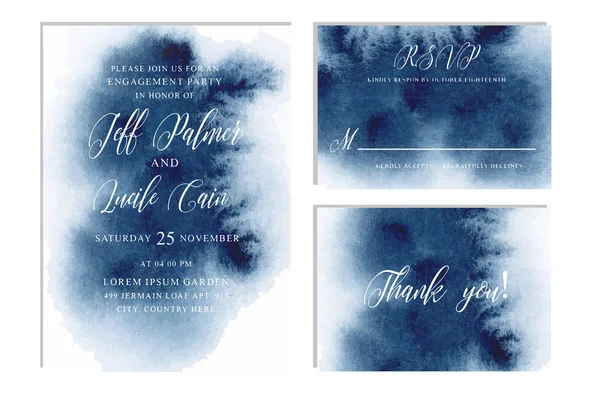 Indigo, navy blue wedding set with  hand drawn watercolor background. Includes Invintation, rsvp and thank you cards templates. — Stock Photo, Image