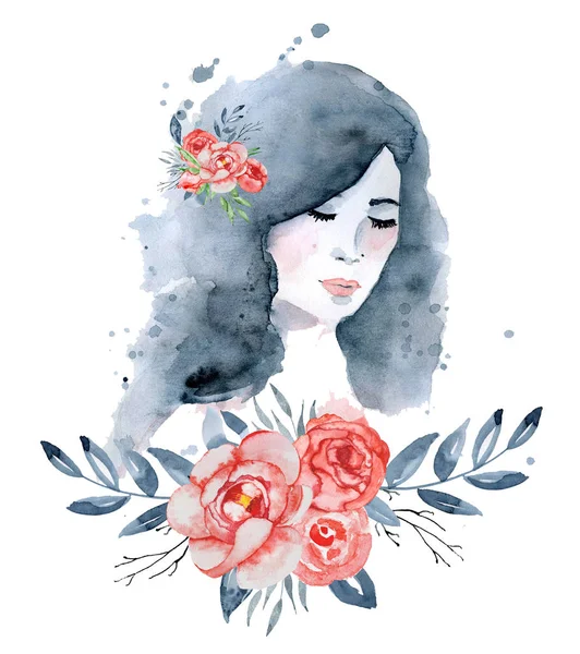 Akvarelu krásy dívka s tmavými vlasy a květinový věnec, červené a indigo Pivoňka květiny — Stock fotografie