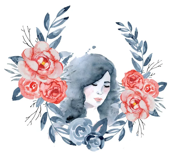 Watercolor beauty girl with dark hair and floral wreath, red and indigo peony flowers — Stock Photo, Image