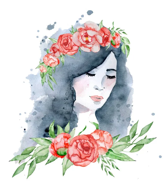 Akvarelu krásy dívka s tmavými vlasy a květinový věnec, červené a indigo Pivoňka květiny — Stock fotografie