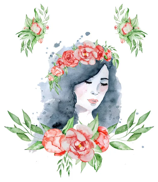 Akvarell skönhet flicka med mörkt hår och blommig krans, röda och indigo pion blommor — Stockfoto