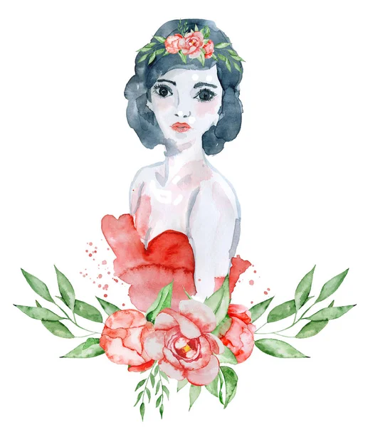 Watercolor beauty girl with dark hair, red dress and floral wreath, red peony flowers — Stock Photo, Image
